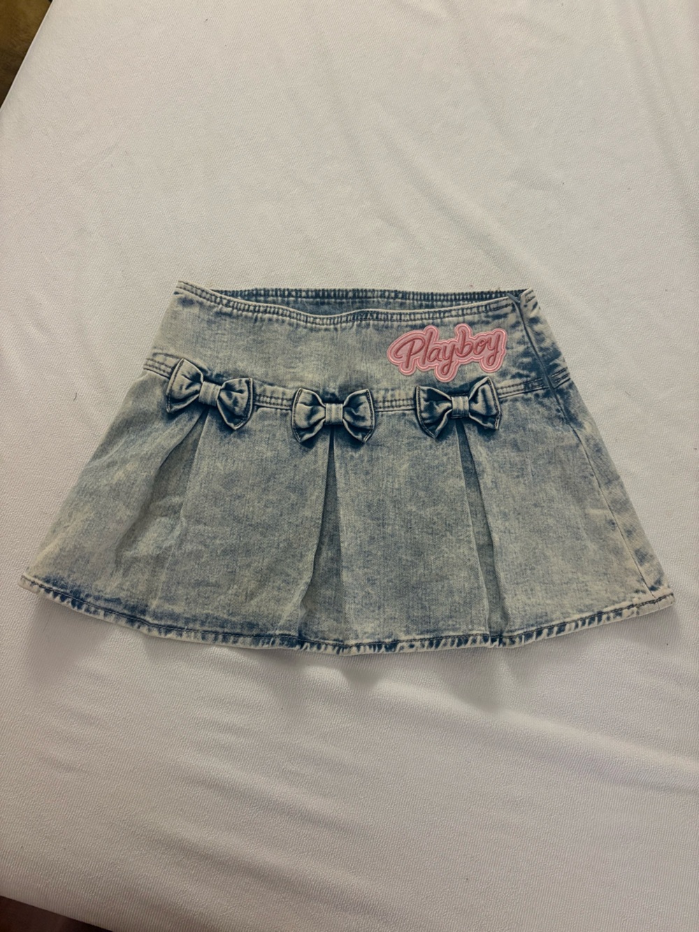 PLAYBOY Light Wash Denim Skirt with Pink Logo
